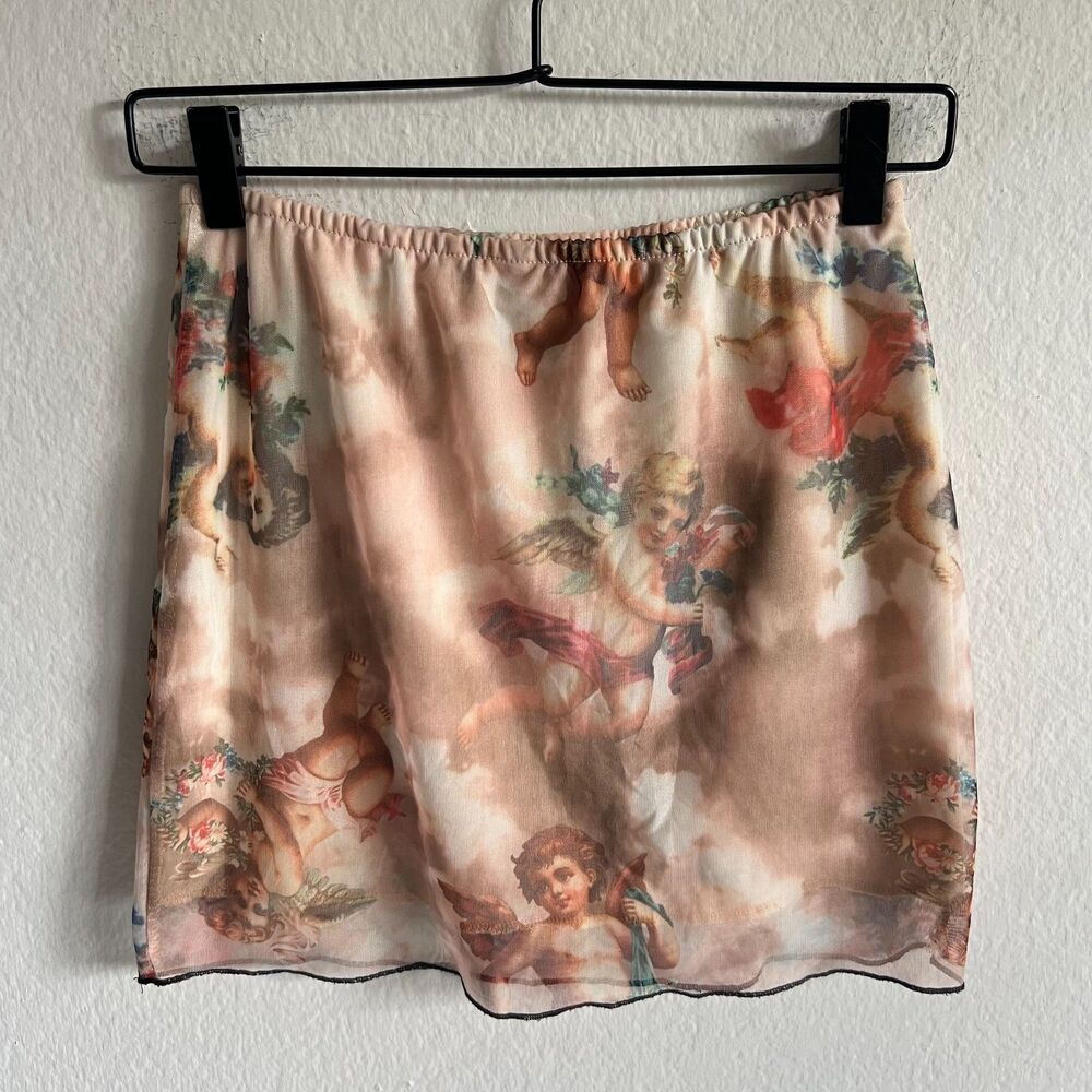VINTAGE Y2K 2000s Beige Tan Angel Cherub Lace Mini Skirt Womens Small - Picture 1 of 3